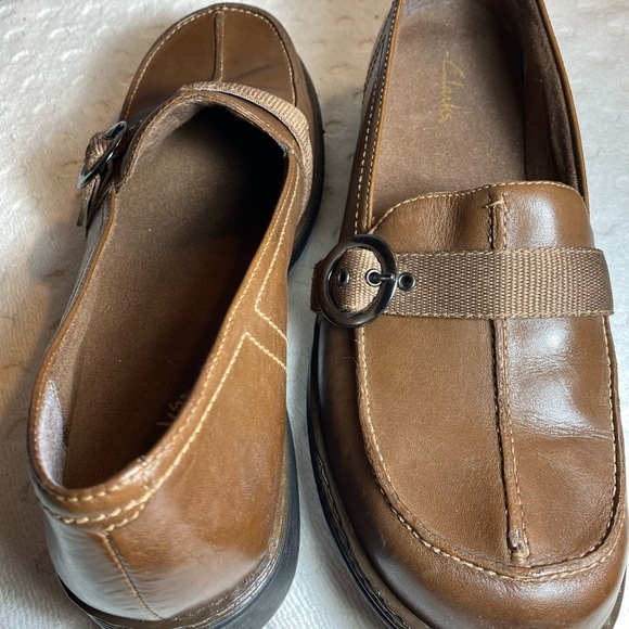 Clarks Womens Brown Leather Slip On Loafers With nylon Buckle Strap Shoes - Picture 4 of 16